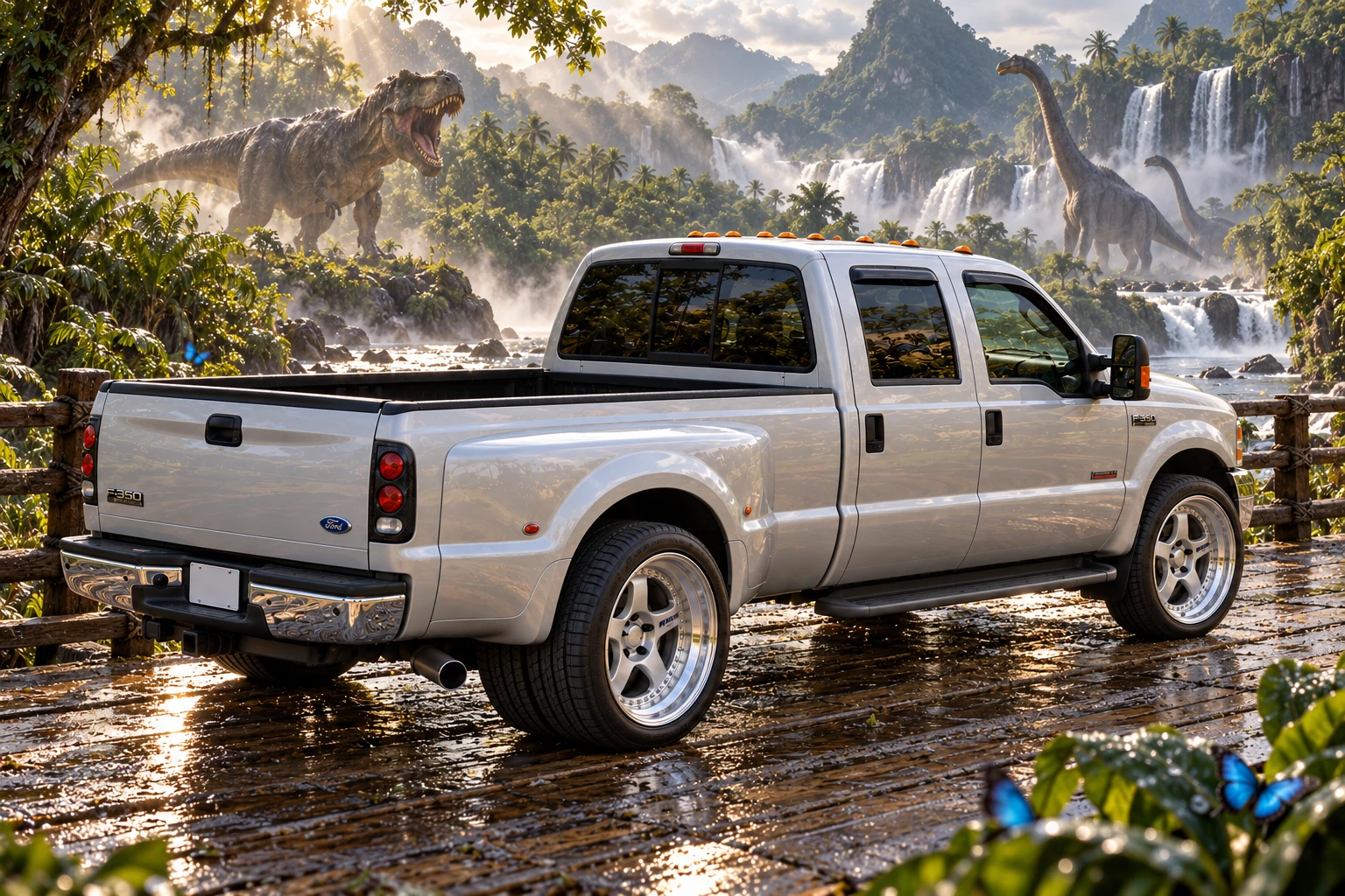 Silver F-350 on a Jurassic bridge.