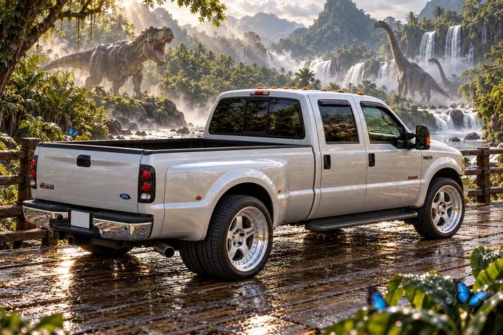 Silver F-350 on a Jurassic bridge.