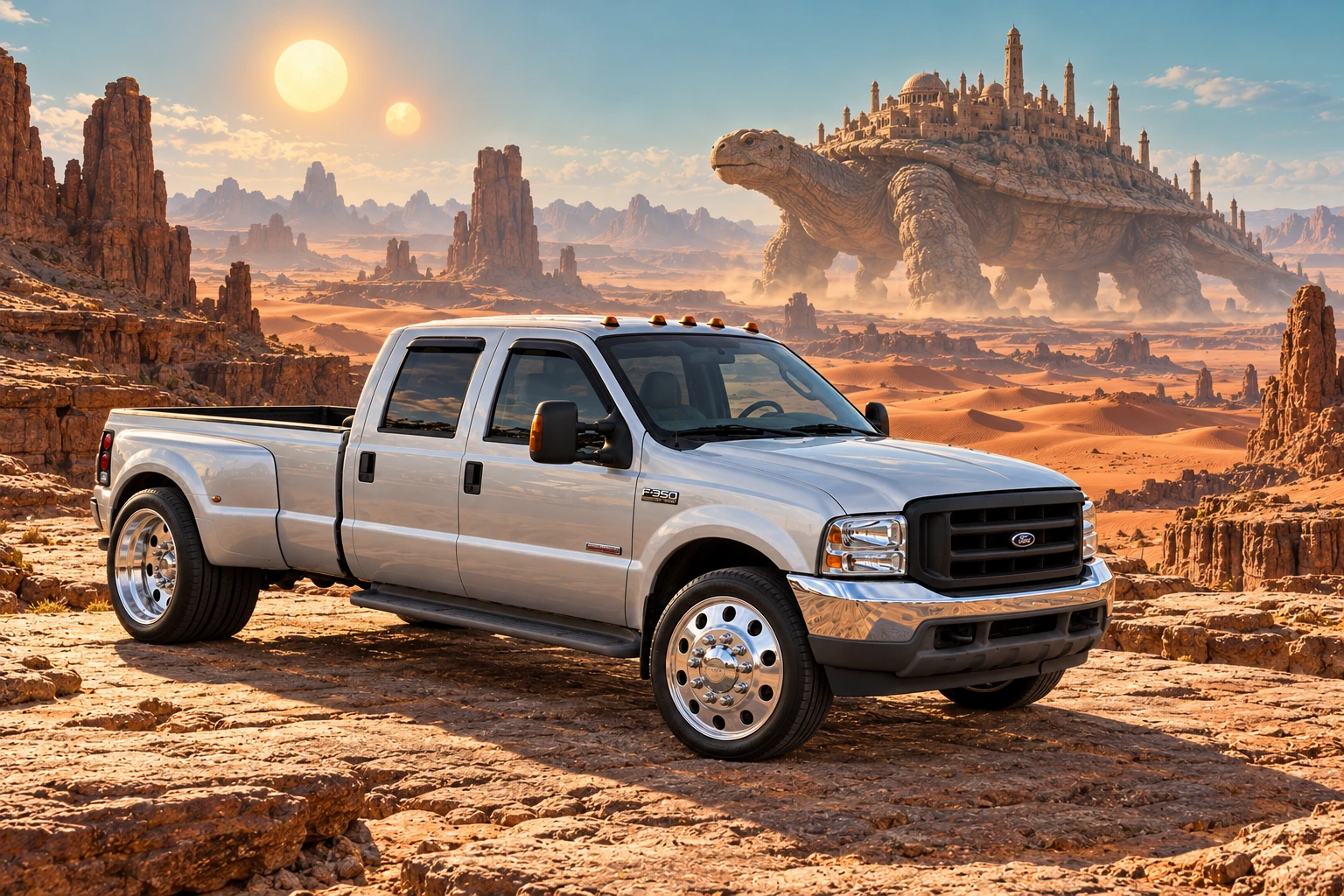Silver F-350 Beneath Twin Suns.