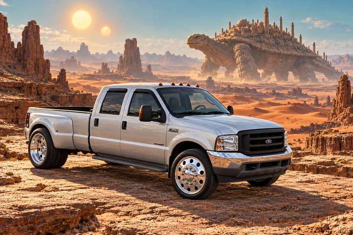 Silver F-350 Beneath Twin Suns.