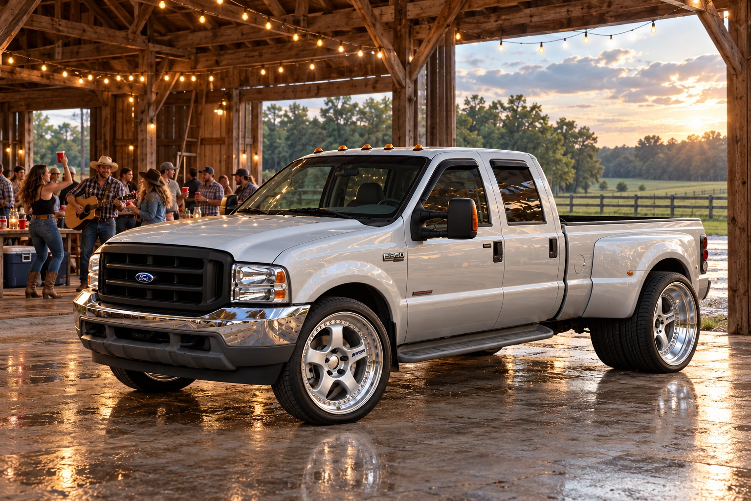 Silver F-350 Under String Lights.