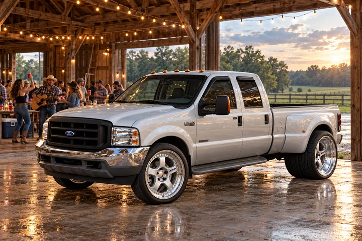 Silver F-350 Under String Lights.