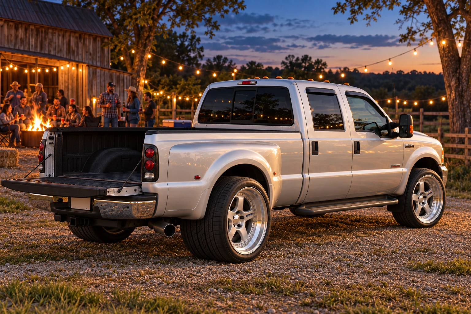 Silver F-350 at a Blue-Hour Bonfire.