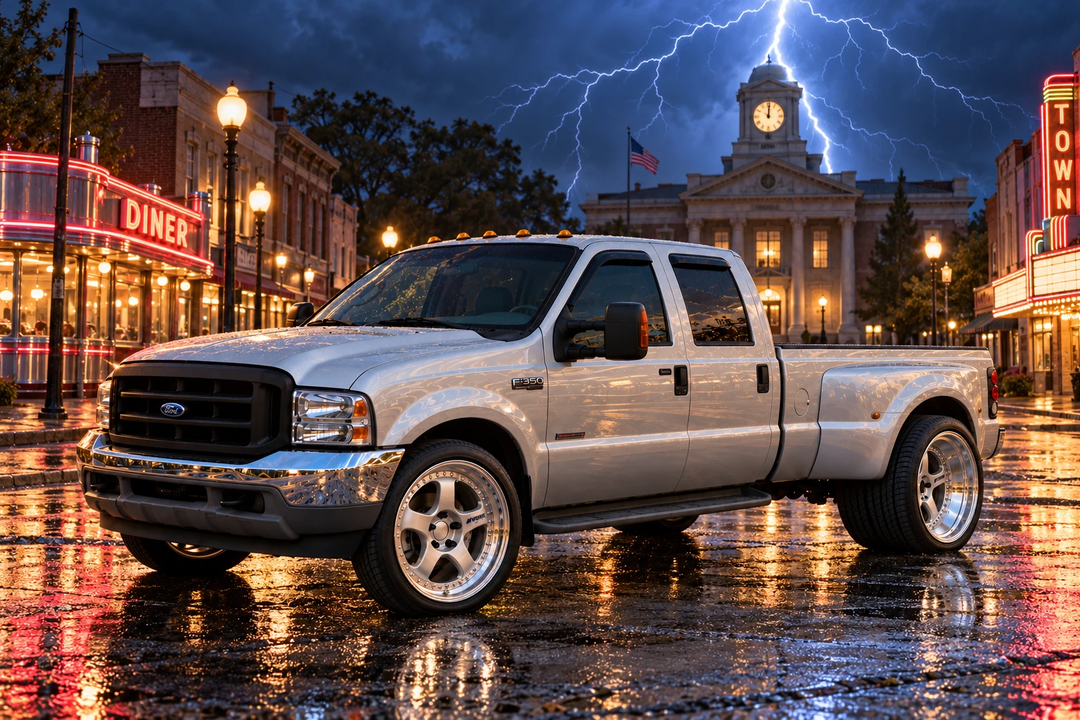 Silver F-350 Under Clocktower Lightning.