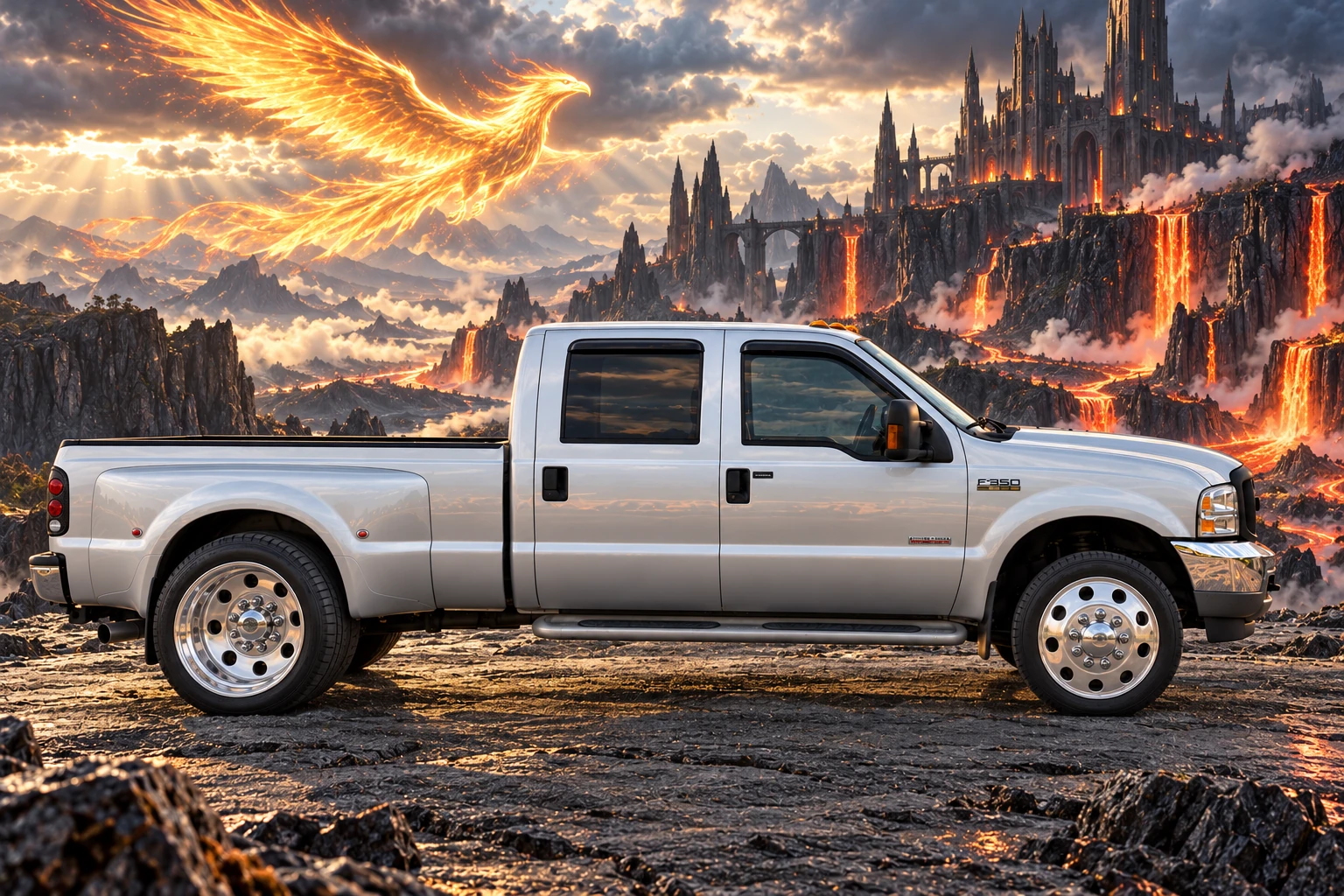 Silver F-350 Beneath a Golden Phoenix.