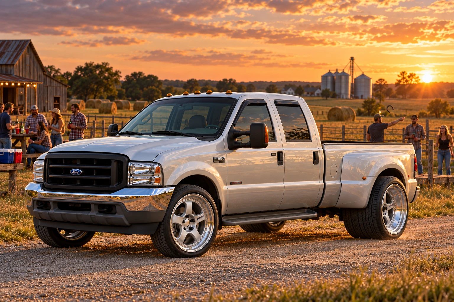 Silver F-350 at a Sunset Horseshoe Party.