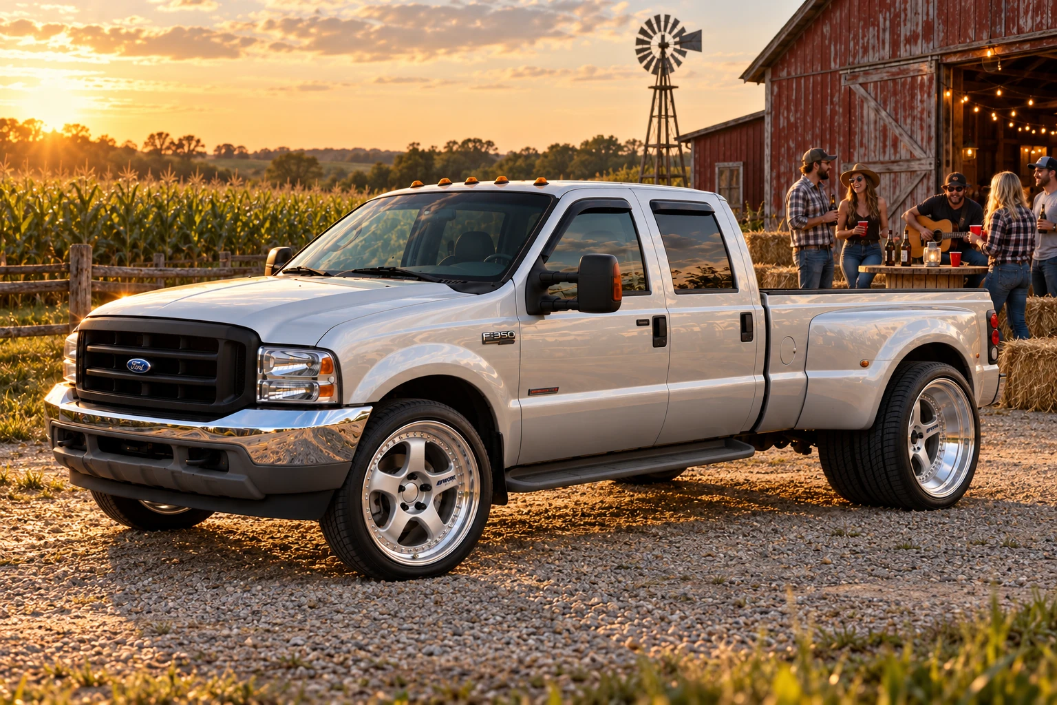 Golden-hour F-350 beside the barn.
