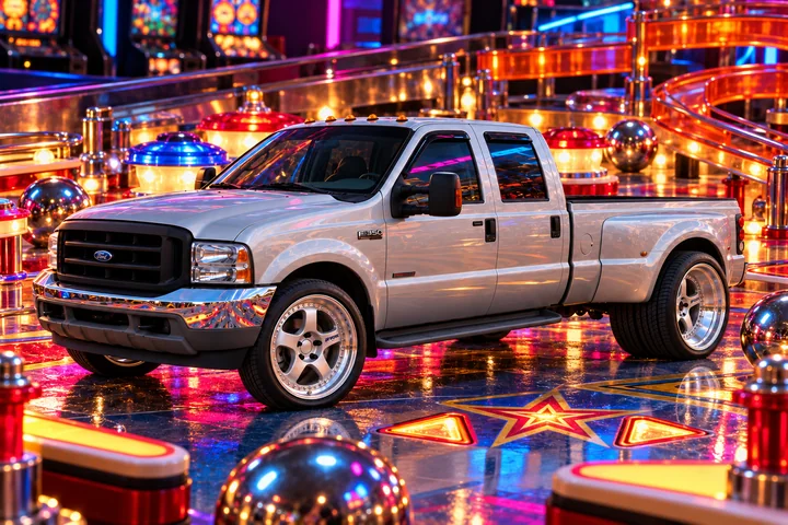 Silver F-350 on a Neon Pinball Table.
