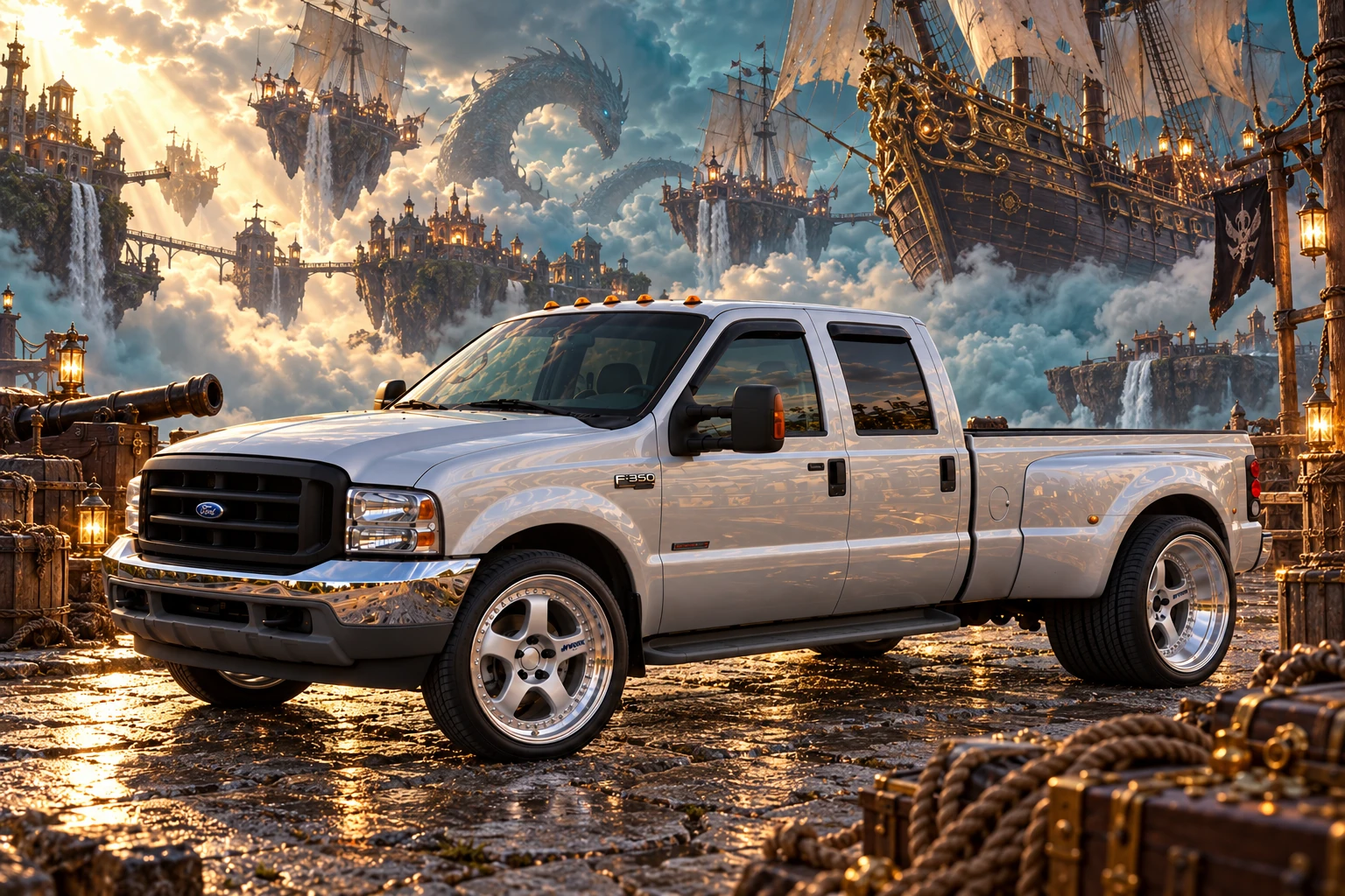 Silver F-350 at the Sky Pirate Port.