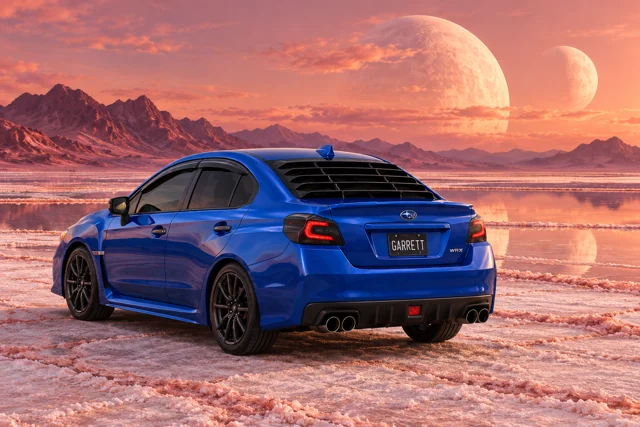 Garrett’s blue 2016 Subaru WRX. Two ivory moons rise above a rose-salt flat and distant burgundy mountains.