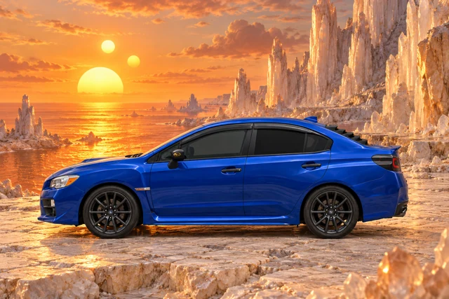 Garrett’s blue 2016 Subaru WRX. Ivory crystal towers line a tangerine sea beneath three low suns.