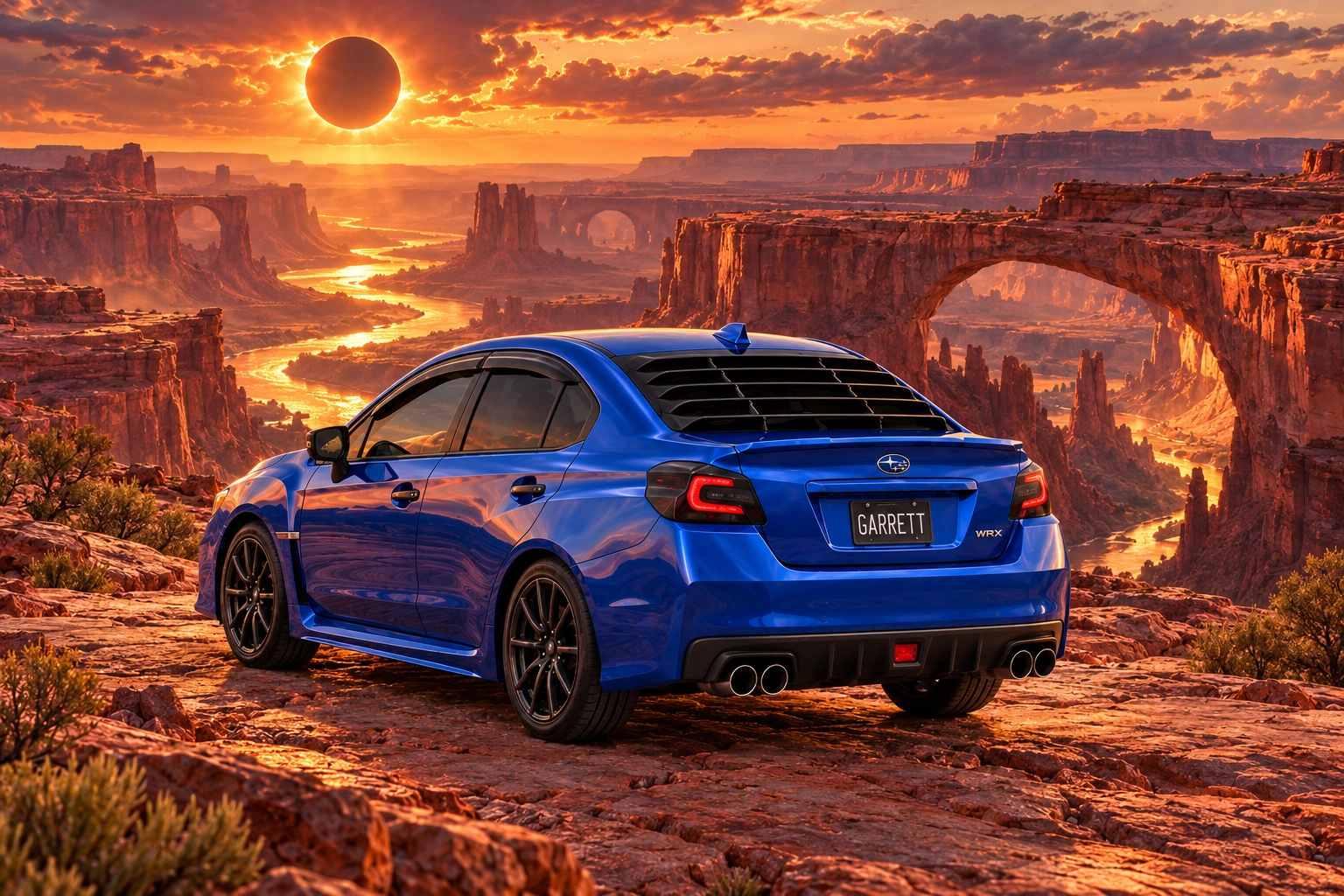 Garrett’s blue 2016 Subaru WRX. Vermilion canyon walls and immense natural bridges glow beneath a copper-ringed eclipse.