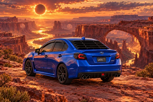 Garrett’s blue 2016 Subaru WRX. Vermilion canyon walls and immense natural bridges glow beneath a copper-ringed eclipse.