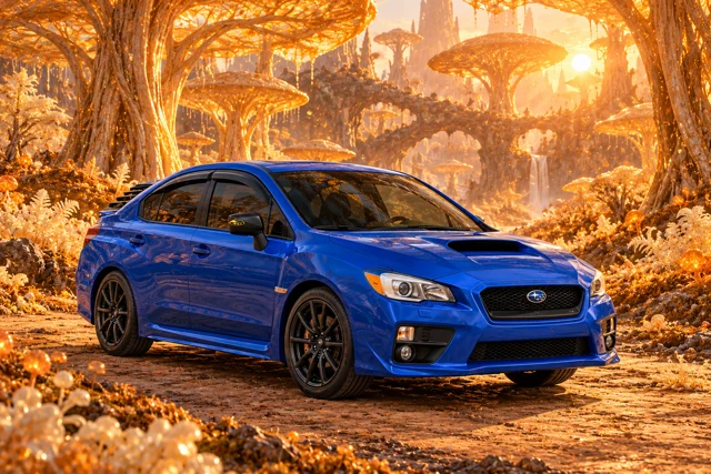 Garrett’s blue 2016 Subaru WRX. Golden mushroom trees and glowing spores shelter a quiet forest clearing.