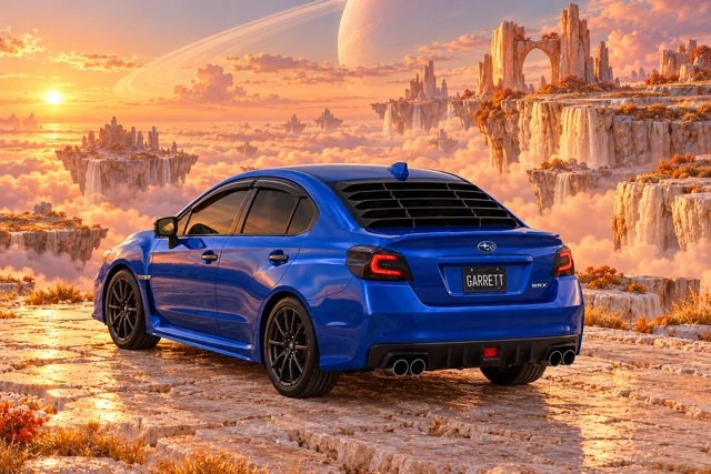 Garrett’s blue 2016 Subaru WRX. Floating travertine islands rise above a peach cloud sea beneath a sweeping planetary ring.
