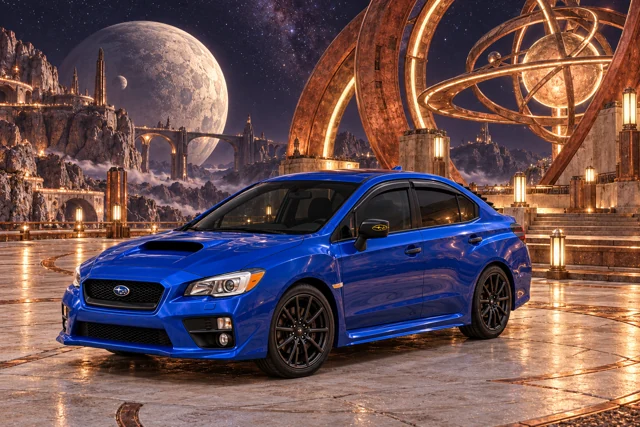 Garrett’s blue 2016 Subaru WRX. Copper astronomical rings and pale stone terraces stand beneath a star-filled night sky.