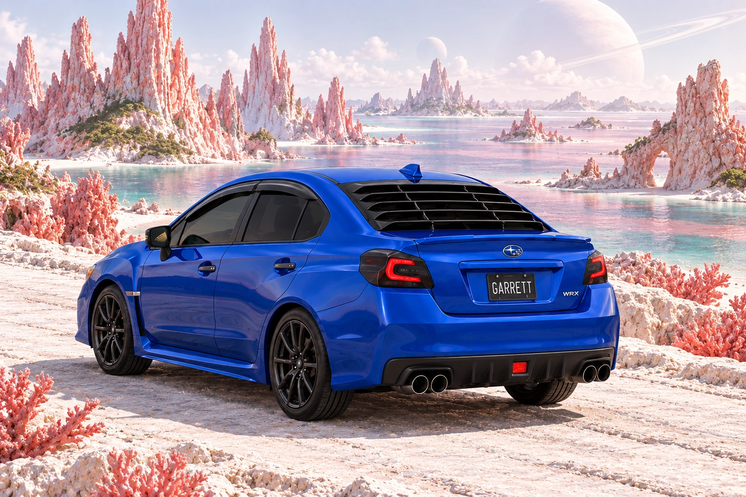 Garrett’s blue 2016 Subaru WRX. Pink coral spires rise from rose-coloured water beside a white stone causeway.