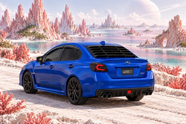 Garrett’s blue 2016 Subaru WRX. Pink coral spires rise from rose-coloured water beside a white stone causeway.