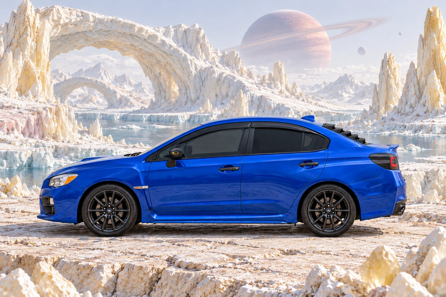 Garrett’s blue 2016 Subaru WRX. Cream-white glaciers and pale yellow ice arches stretch across a bright polar landscape.