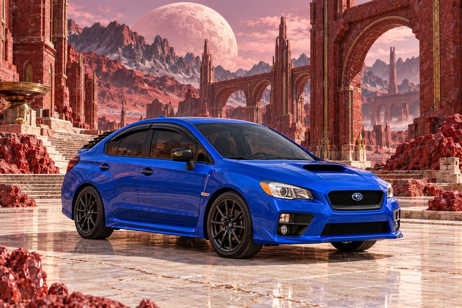 Garrett’s blue 2016 Subaru WRX. Garnet temple arches frame a crimson desert and a pale moon.