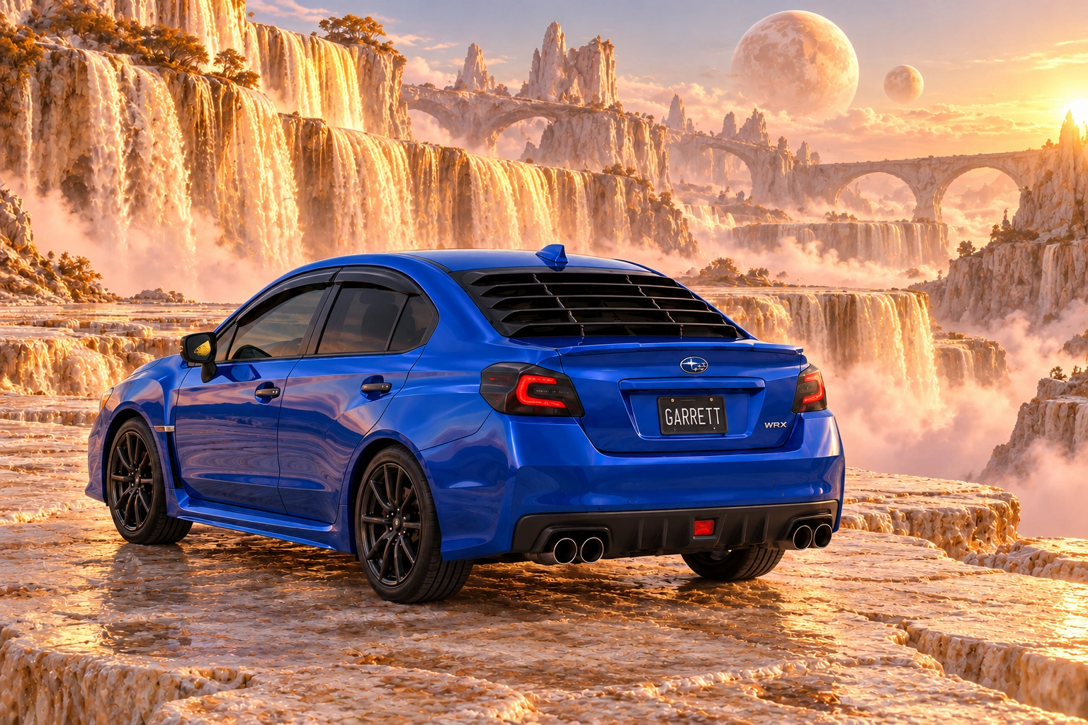 Garrett’s blue 2016 Subaru WRX. Champagne waterfalls cascade across limestone terraces into pink mist.