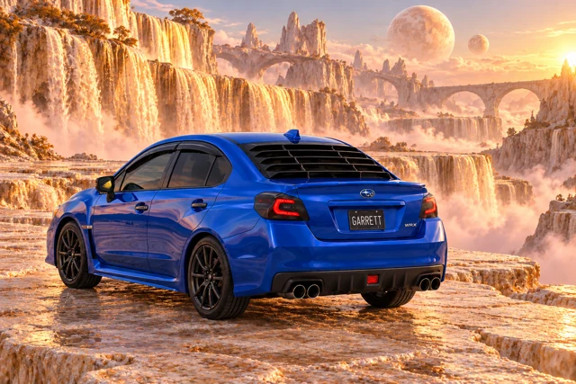 Garrett’s blue 2016 Subaru WRX. Champagne waterfalls cascade across limestone terraces into pink mist.
