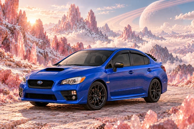 Garrett’s blue 2016 Subaru WRX. Rose quartz mountain spires catch soft daylight beneath an immense ringed sky.