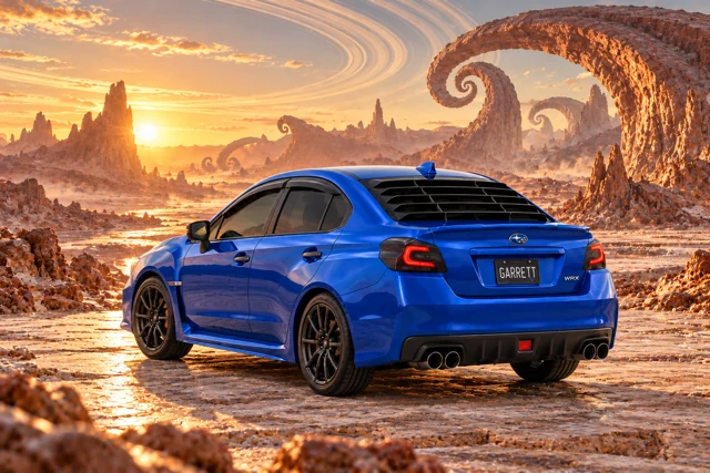 Garrett’s blue 2016 Subaru WRX. Terracotta rock spirals curl above a broad cream-coloured desert road.
