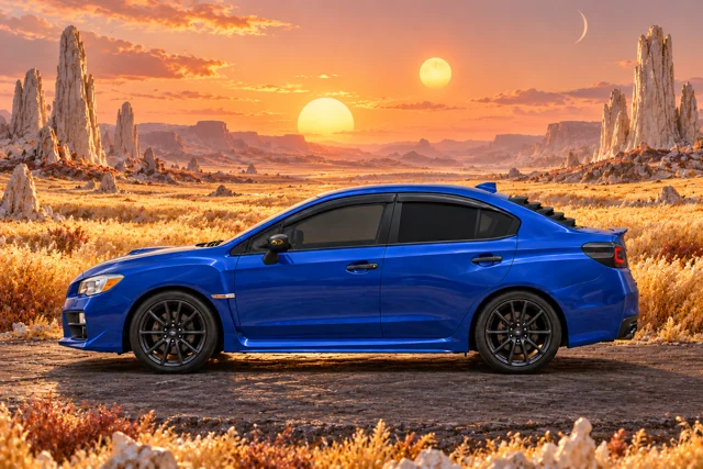 Garrett’s blue 2016 Subaru WRX. Golden alien grasses surround an open road beneath twin suns.