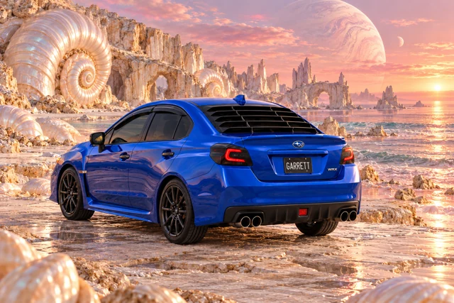 Garrett’s blue 2016 Subaru WRX. Giant pearly spiral shells line a quiet peach-coloured coast.