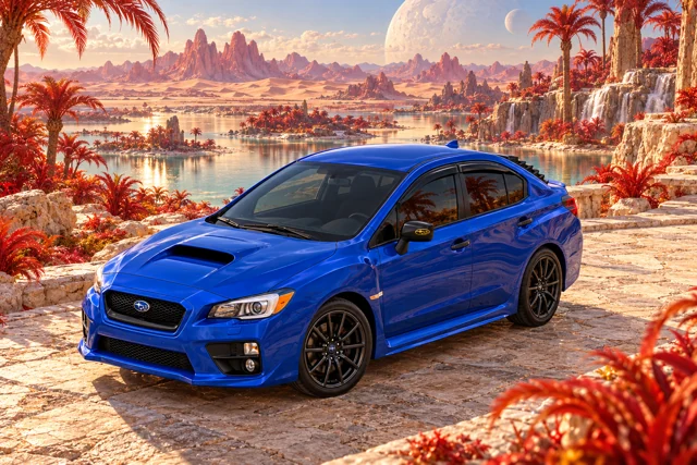 Garrett’s blue 2016 Subaru WRX. Scarlet palms shelter an oasis among pale dunes and rose-coloured mountains.