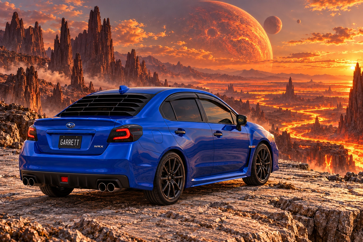 Garrett’s blue 2016 Subaru WRX. Distant lava rivers and dark basalt needles glow below a cool stone overlook.