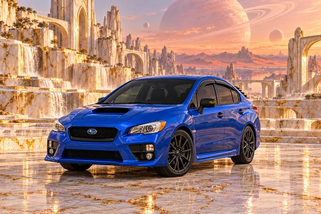 Garrett’s blue 2016 Subaru WRX. Ivory arches and gold-veined marble terraces overlook a softly coloured alien landscape.