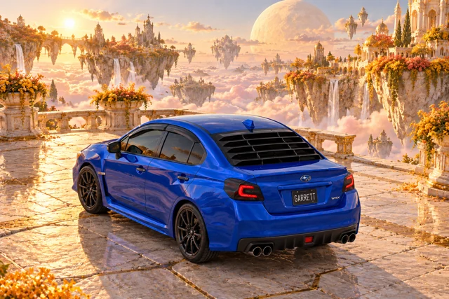 Garrett’s blue 2016 Subaru WRX. Saffron flowers spill from floating gardens above clouds and cream-stone courtyards.