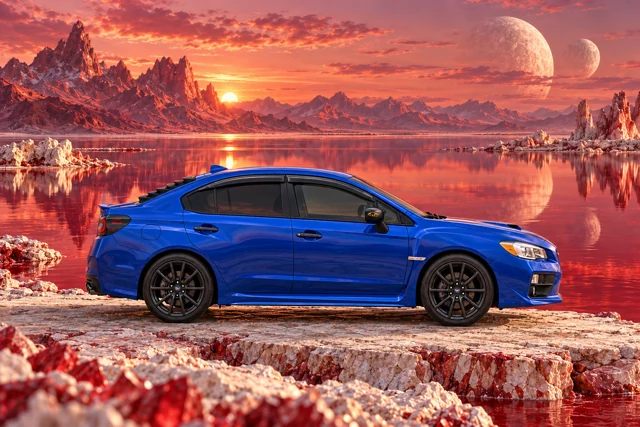 Garrett’s blue 2016 Subaru WRX. A ruby mineral lake mirrors mountains and moons beside a pale stone jetty.