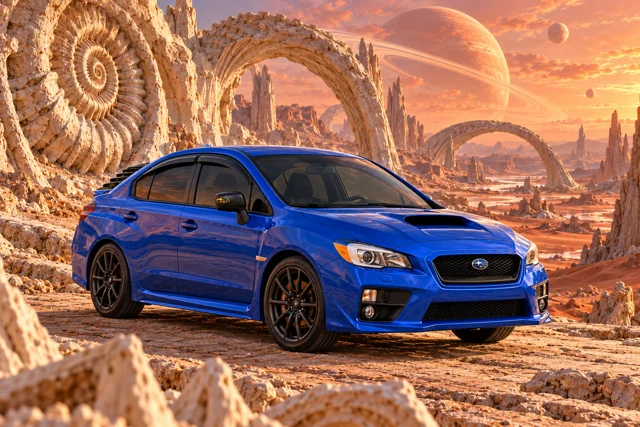 Garrett’s blue 2016 Subaru WRX. Enormous ivory fossil spirals rise from a rust-coloured moon valley.
