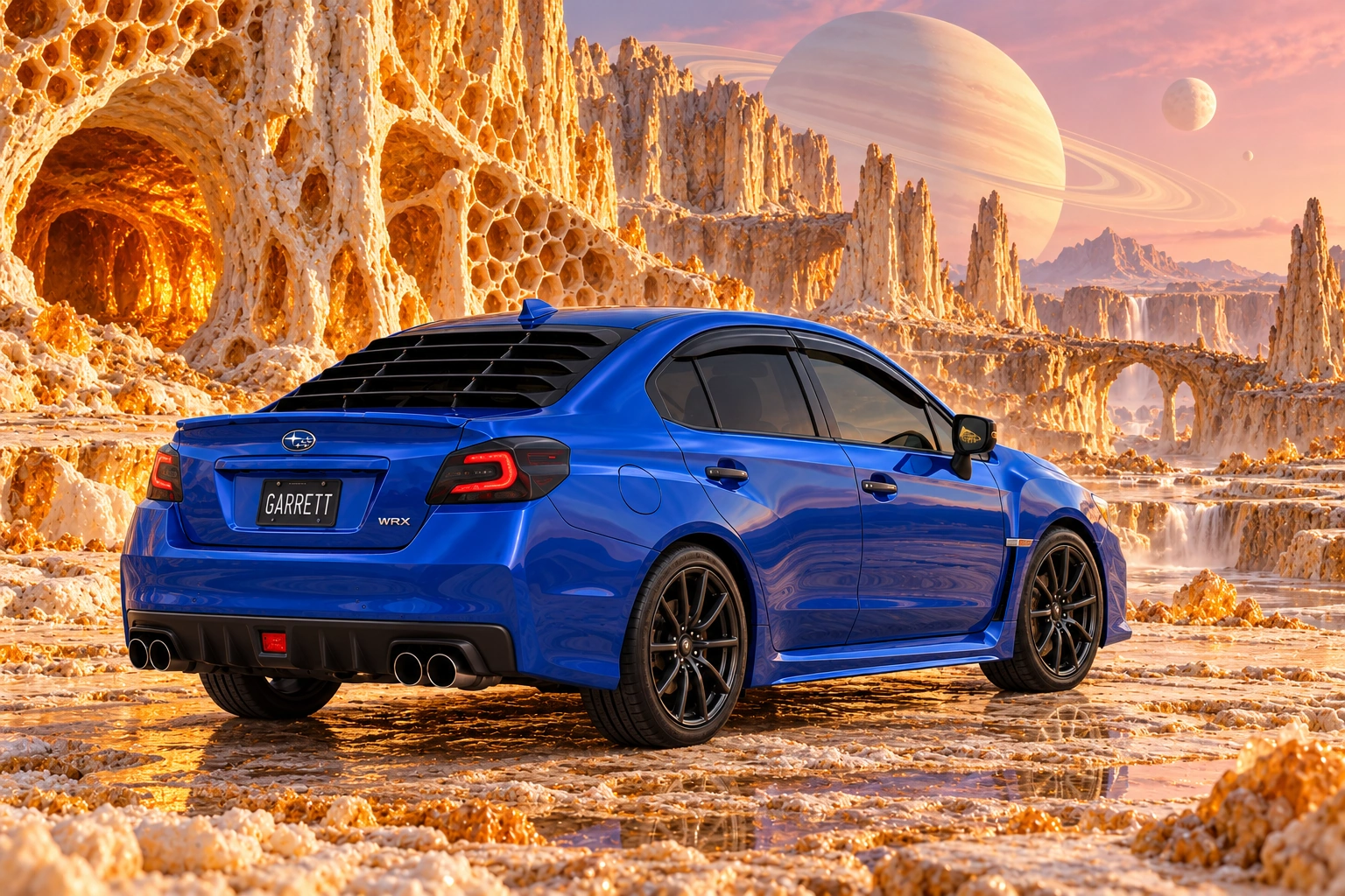Garrett’s blue 2016 Subaru WRX. Honeycomb cliffs and deep amber caves surround a sunlit mineral plain.