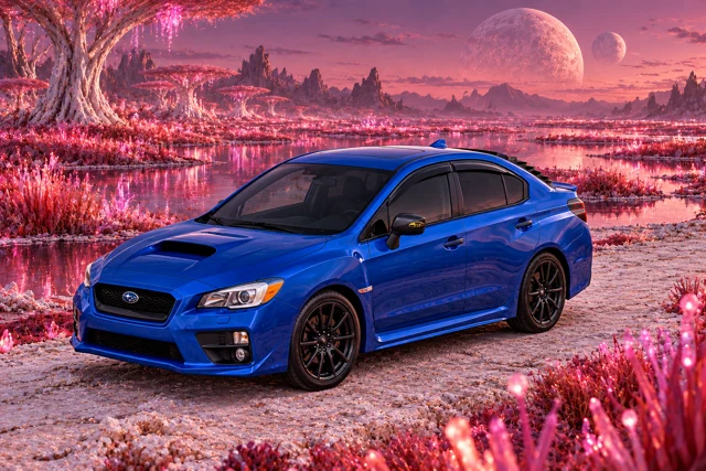 Garrett’s blue 2016 Subaru WRX. Pink bioluminescent reeds illuminate a wetland beside a raised dry causeway.