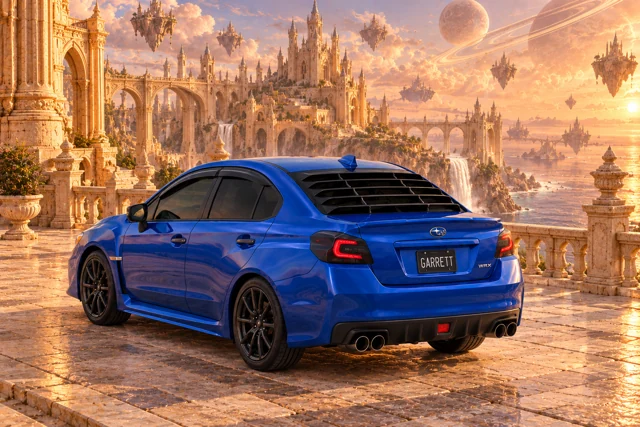 Garrett’s blue 2016 Subaru WRX. Floating sandcastle islands and intricate golden bridges rise above an alien coast.