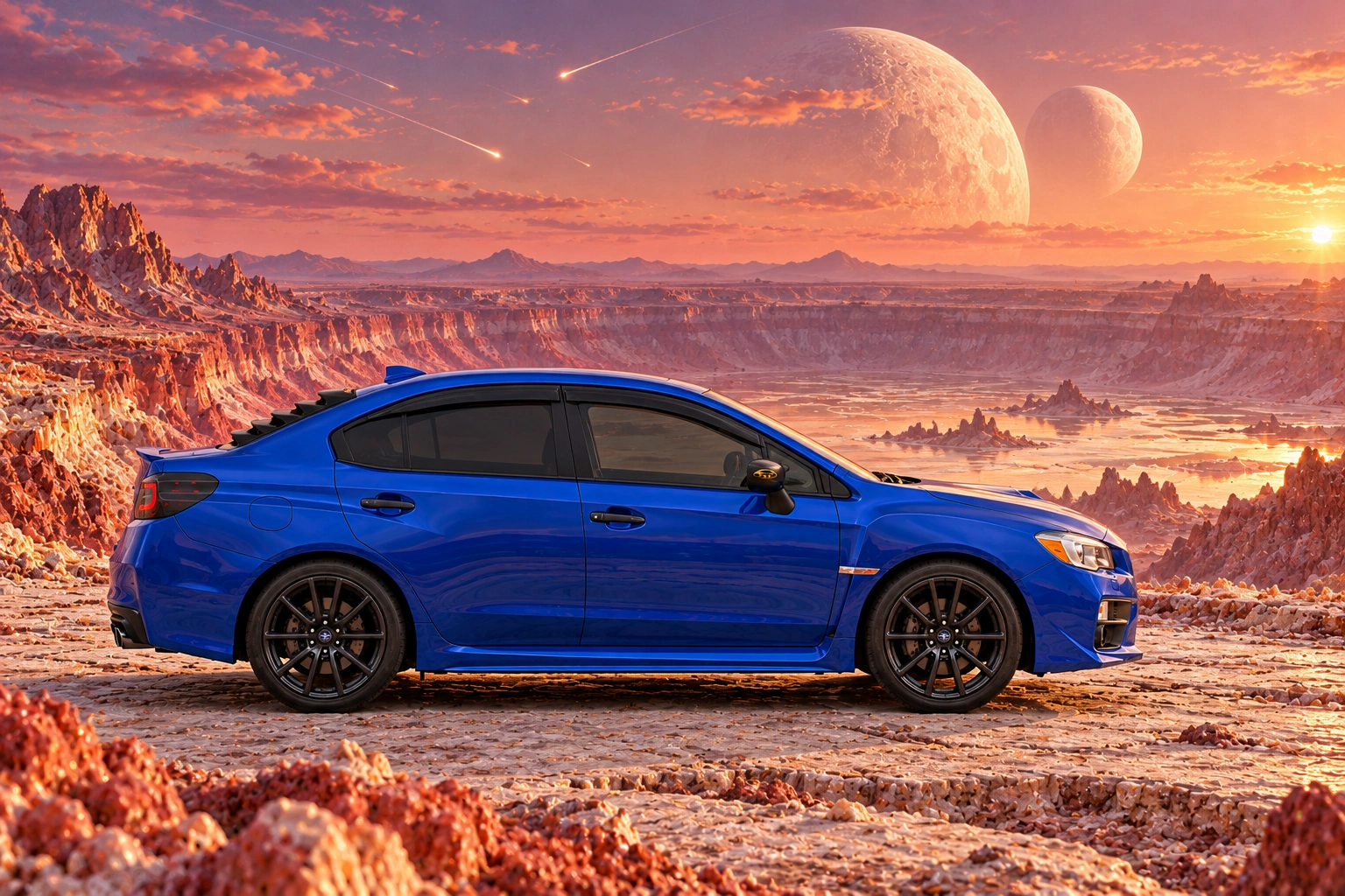 Garrett’s blue 2016 Subaru WRX. A coral-red meteor crater reveals broad terraces of pink mineral strata.