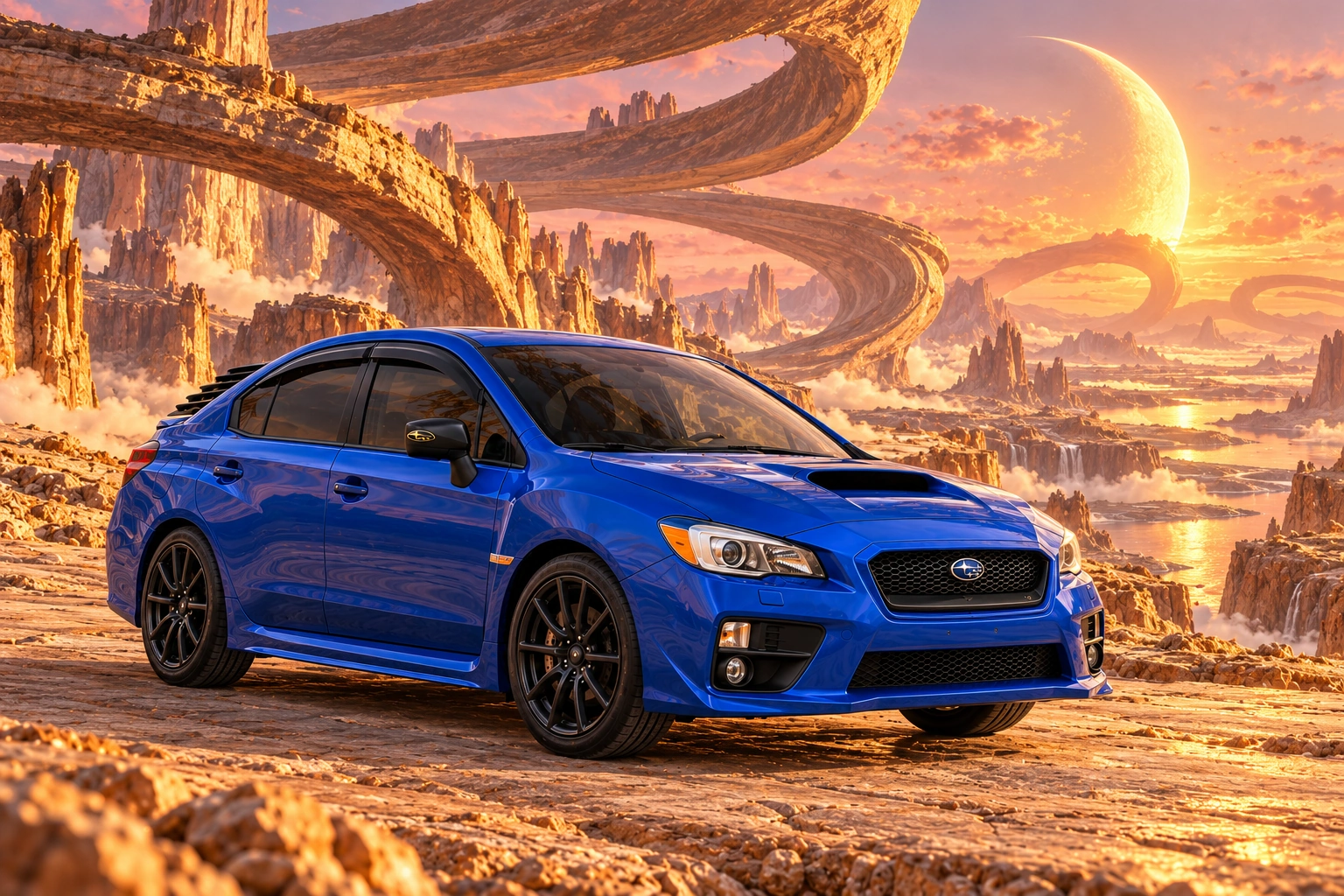 Garrett’s blue 2016 Subaru WRX. Immense stone ribbons twist above ivory dunes and a quiet sandstone road.