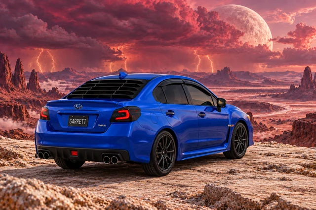 Garrett’s blue 2016 Subaru WRX. Rose and plum storm clouds gather over distant mesas beneath a bright moon.