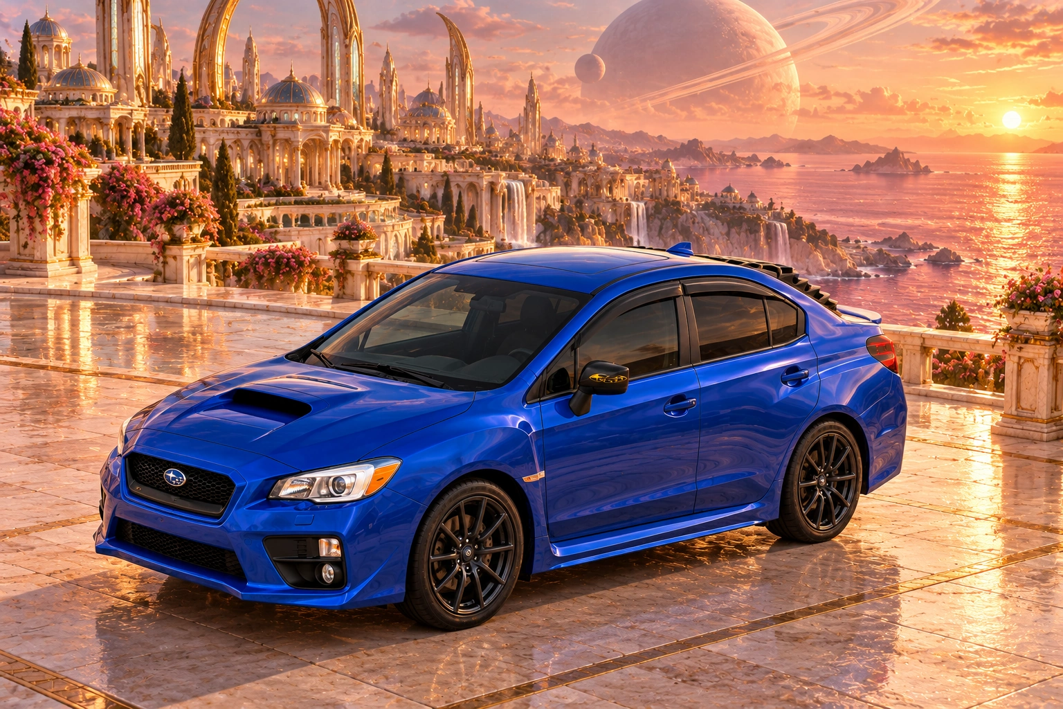 Garrett’s blue 2016 Subaru WRX. Apricot terraces and ivory domes descend toward a rose-coloured sea.