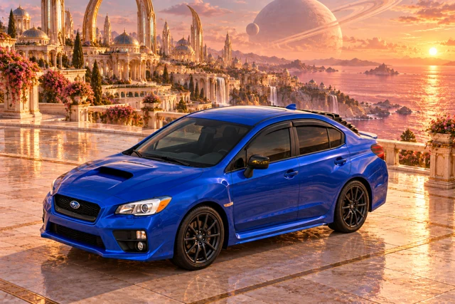 Garrett’s blue 2016 Subaru WRX. Apricot terraces and ivory domes descend toward a rose-coloured sea.
