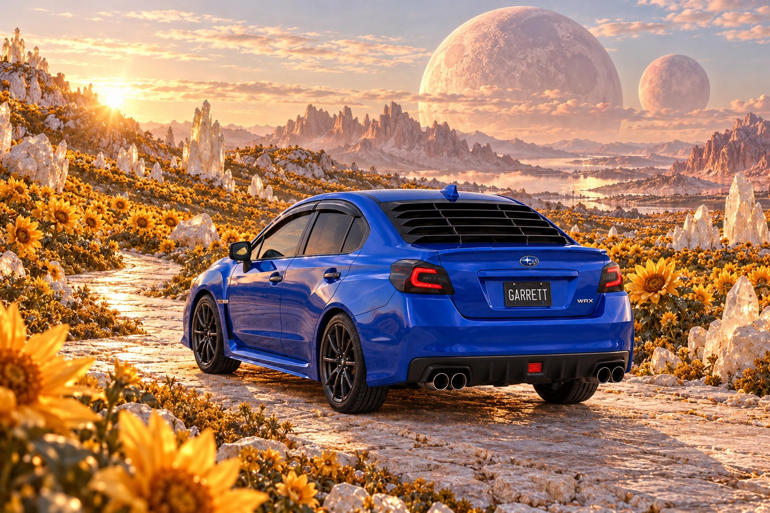 Garrett’s blue 2016 Subaru WRX. Giant sunflower-like blooms fill rolling hills beneath twin planets.