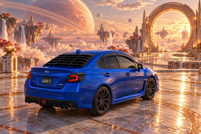 Garrett’s blue 2016 Subaru WRX. A copper portal overlooks floating islands and a colossal ringed world at the edge of the multiverse.