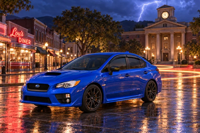 Garrett’s blue 2016 Subaru WRX. A Back to the Future-inspired stop at Hill Valley’s illuminated courthouse and clock tower.