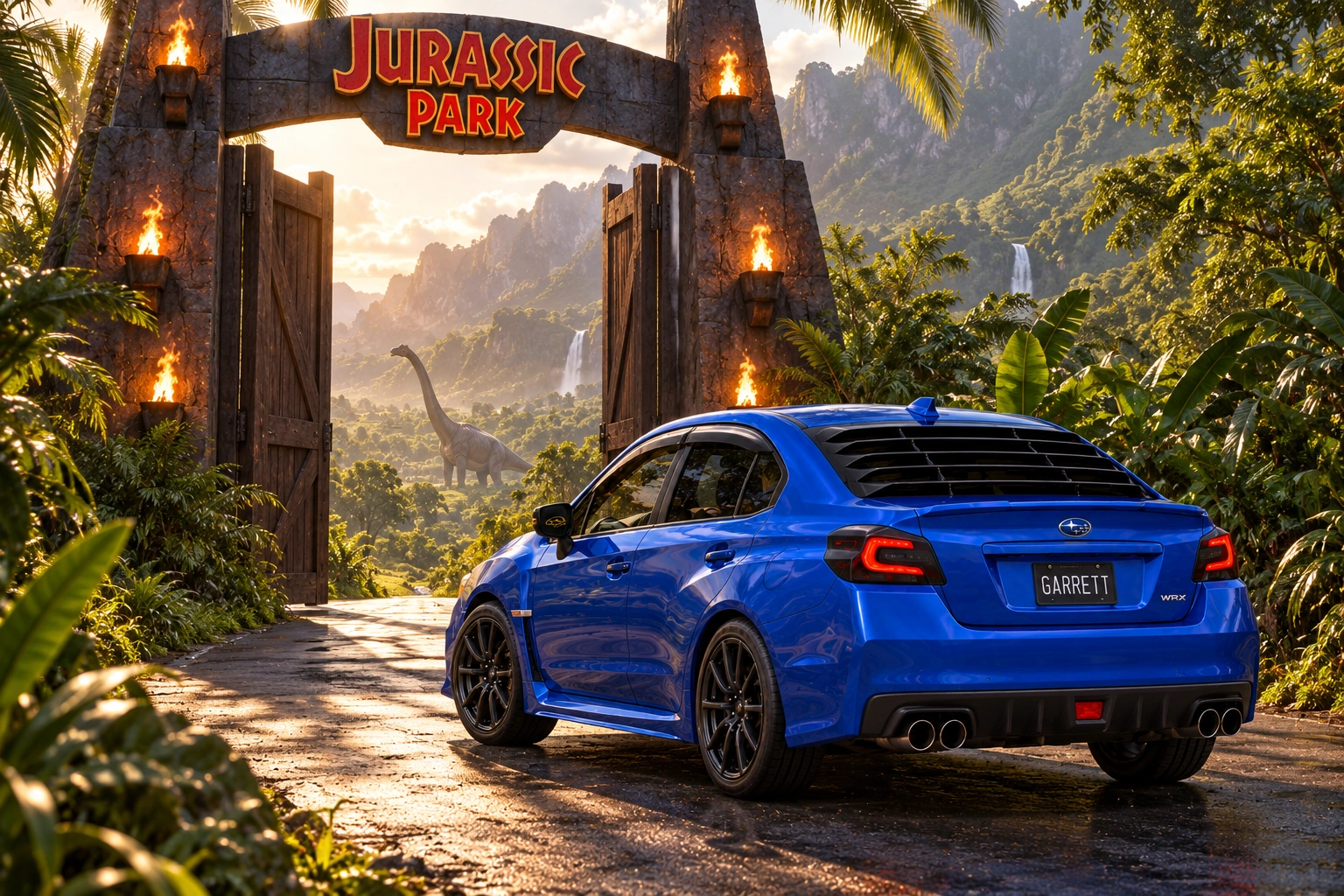 Garrett’s blue 2016 Subaru WRX. A Jurassic Park-inspired arrival among monumental jungle gates and lush prehistoric scenery.