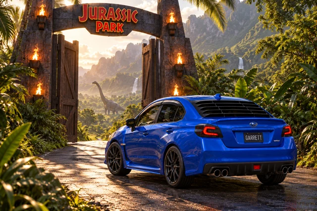 Garrett’s blue 2016 Subaru WRX. A Jurassic Park-inspired arrival among monumental jungle gates and lush prehistoric scenery.