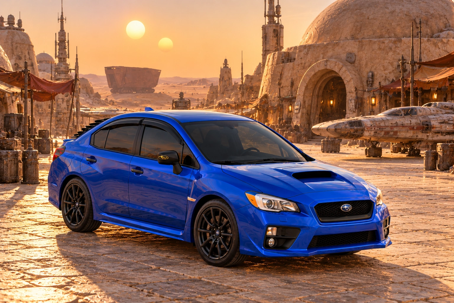 Garrett’s blue 2016 Subaru WRX. A Star Wars-inspired visit to Tatooine’s desert outpost beneath twin suns.